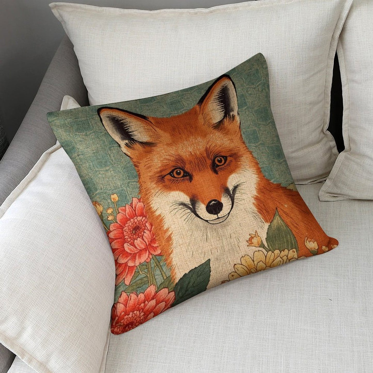 Floral Fox Linen Cushion Pillow Cover — Double-Sided Print, 45×45cm