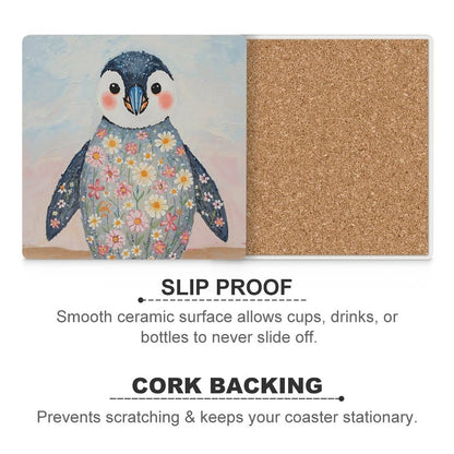 Floral Penguin Ceramic Coasters (Set of 4 or 6)