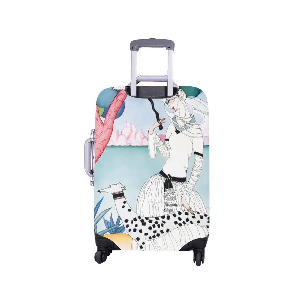 Art Nouveau Lady & Spotted Hound Luggage Cover | Whimsical Illustrated Travel Protector | Stylish Suitcase Cover