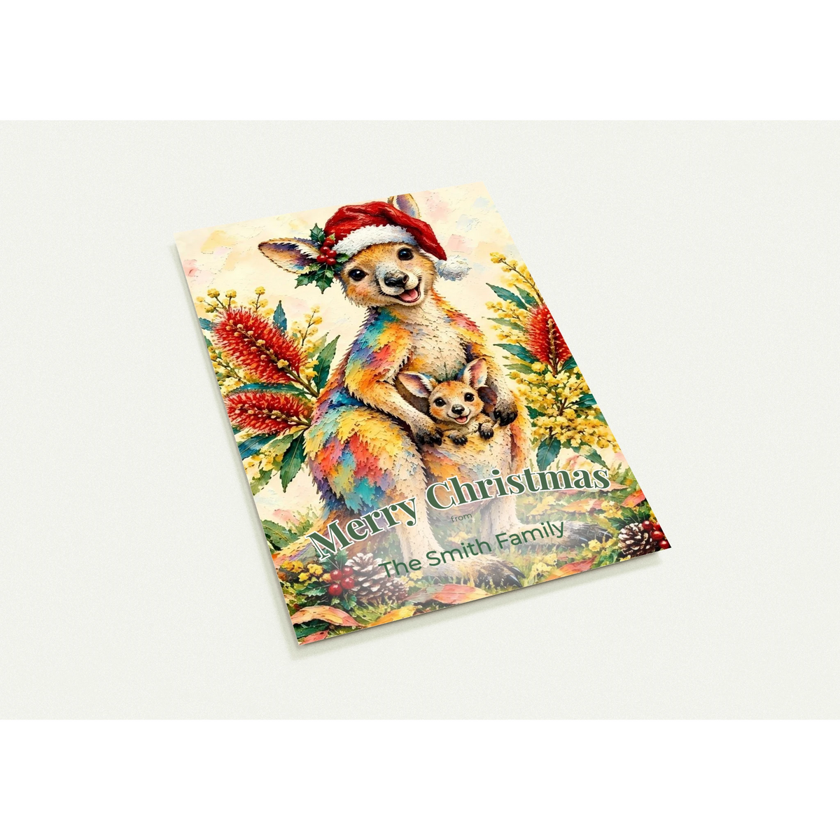 Personalised Christmas Postcards Pack of 10 with Envelopes, Custom Name Kangaroo Christmas Postcard, Australian Animals Xmas