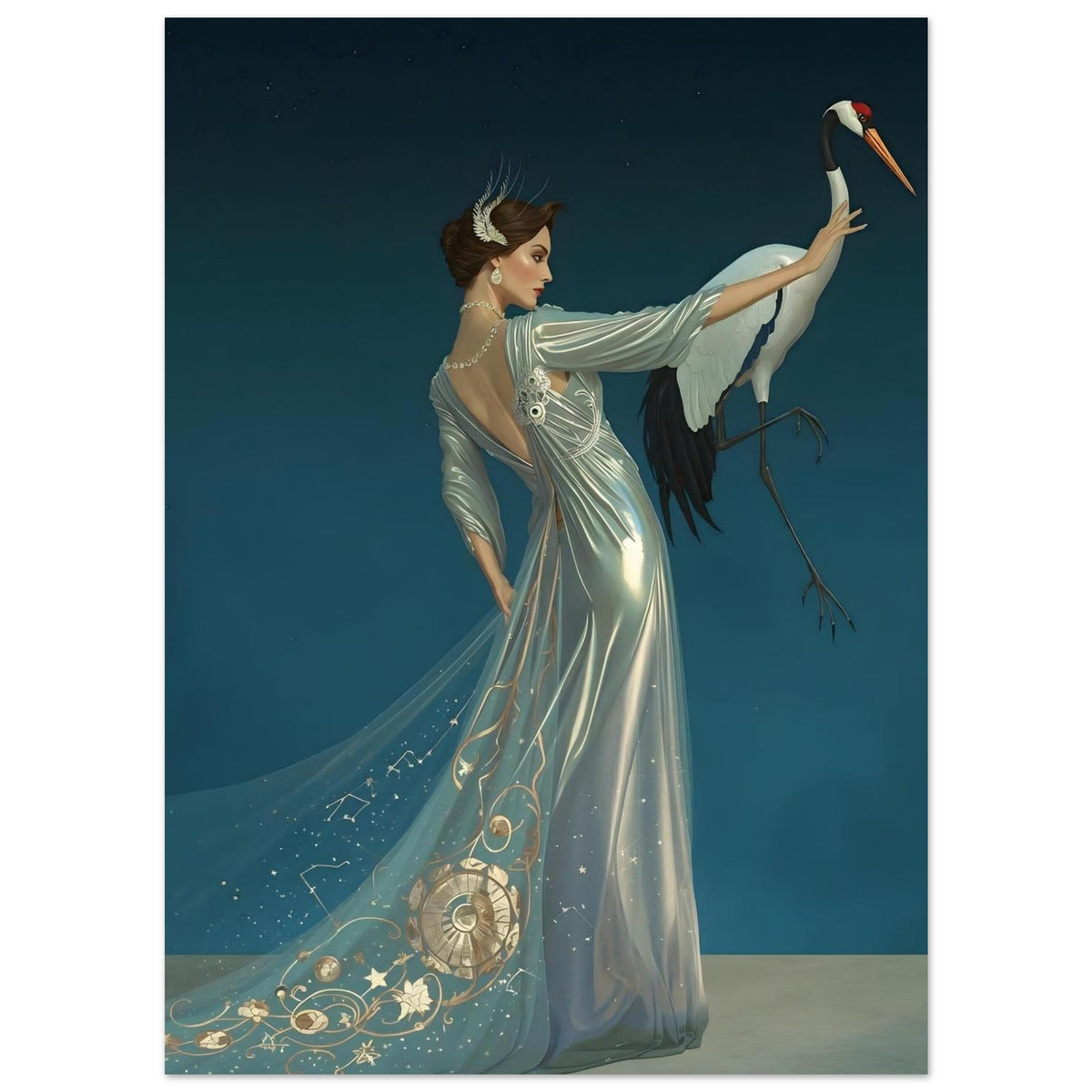 Celestial Elegance Crane & Stargazer Fine Art Poster – A Vision of Myth & Beauty 13x18 cm 5x7″