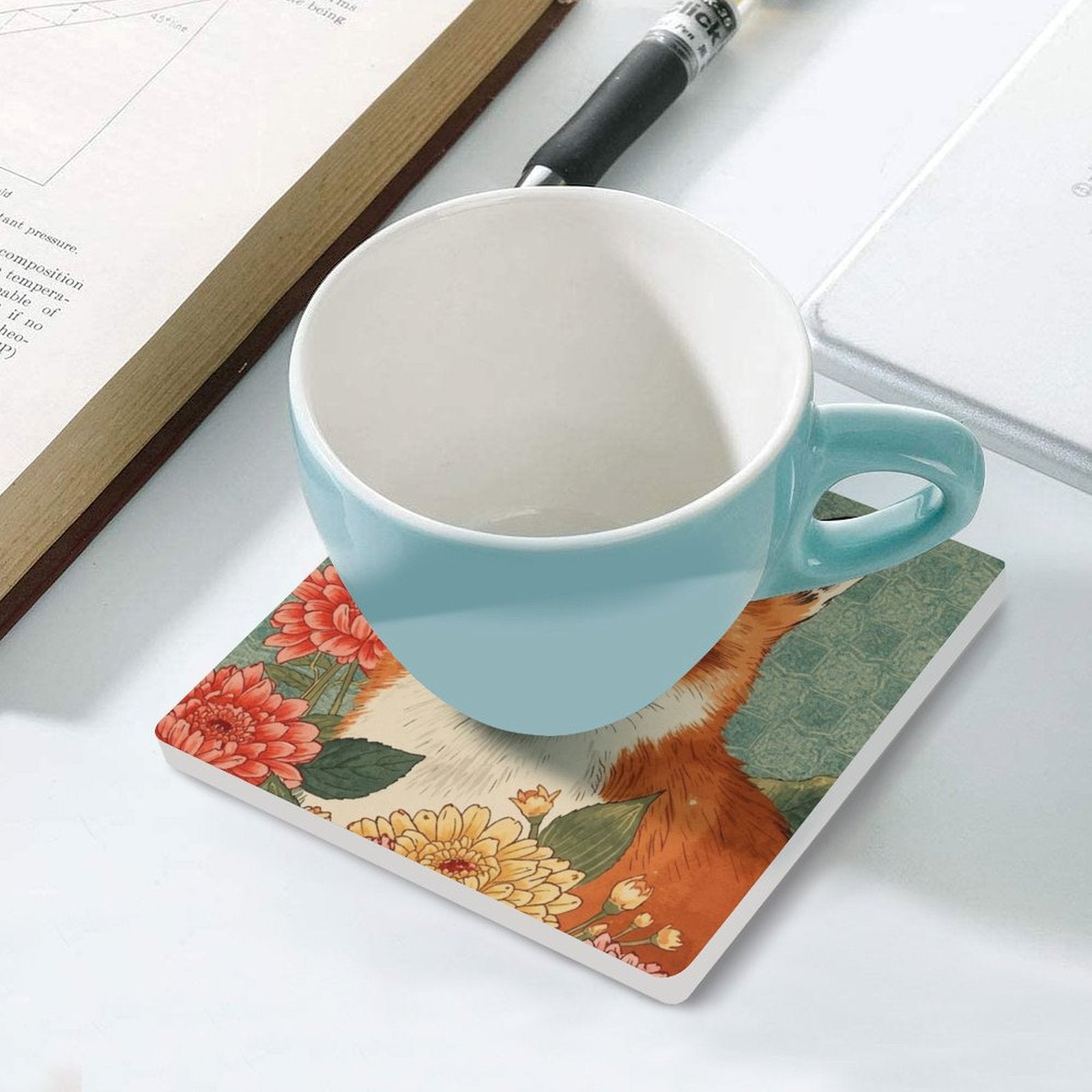 Floral Fox Japanese Ukiyo-e Inspired Ceramic Coasters (Set of 4 or 6)