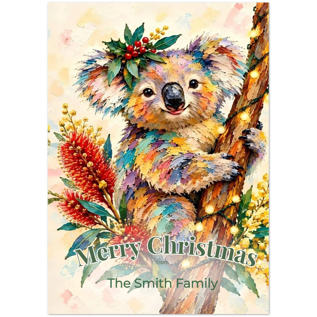 Personalised Christmas Cards Pack of 10 with Envelopes, Custom Family Name Koala Christmas Card, Australian Animals Xmas Card Set
