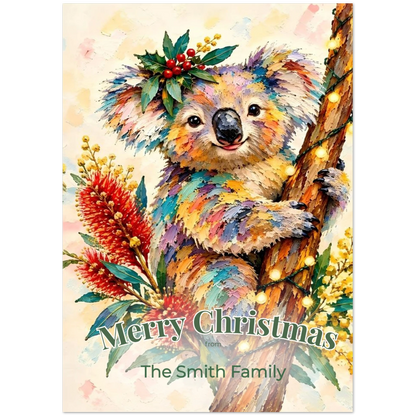 Personalised Christmas Cards Pack of 10 with Envelopes, Custom Family Name Koala Christmas Card, Australian Animals Xmas Card Set
