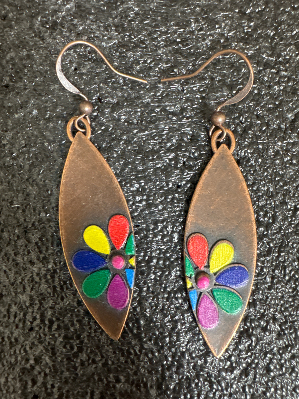 Flower on Copper Leaf Dangle Earrings