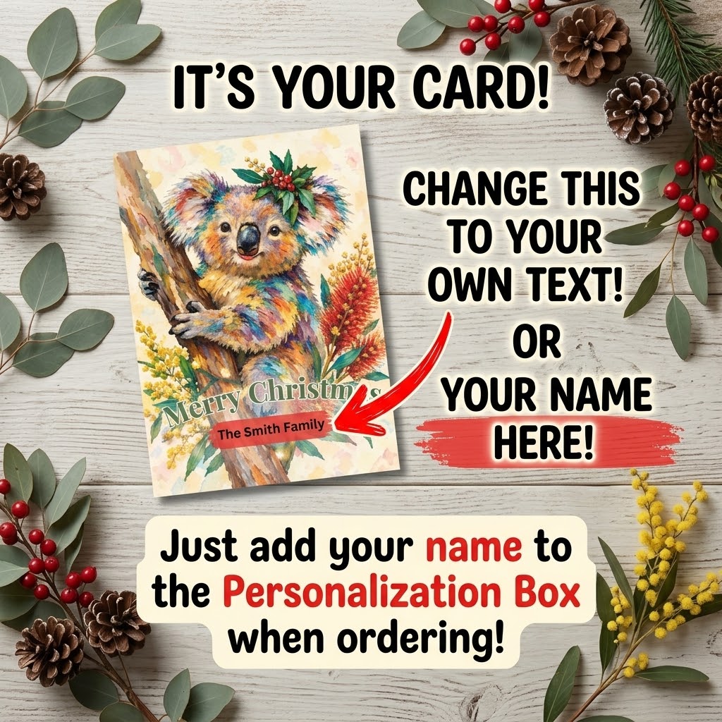 Personalised Christmas Cards Pack of 10 with Envelopes, Custom Family Name Koala Christmas Card, Australian Animals Xmas Card Set