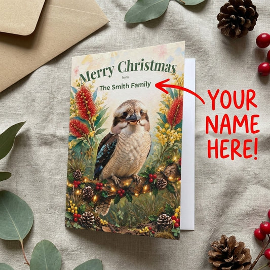 Personalised Australian Animals Christmas Folded Greeting Cards 5-Pack | Wombat, Kangaroo, Kookaburra, Platypus & Koala