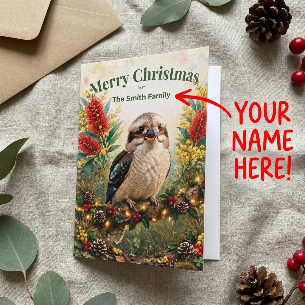 Personalised Christmas Cards Pack of 10 with Envelopes, Custom Family Name Kookaburra Christmas Card, Australian Animals Xmas Card Set