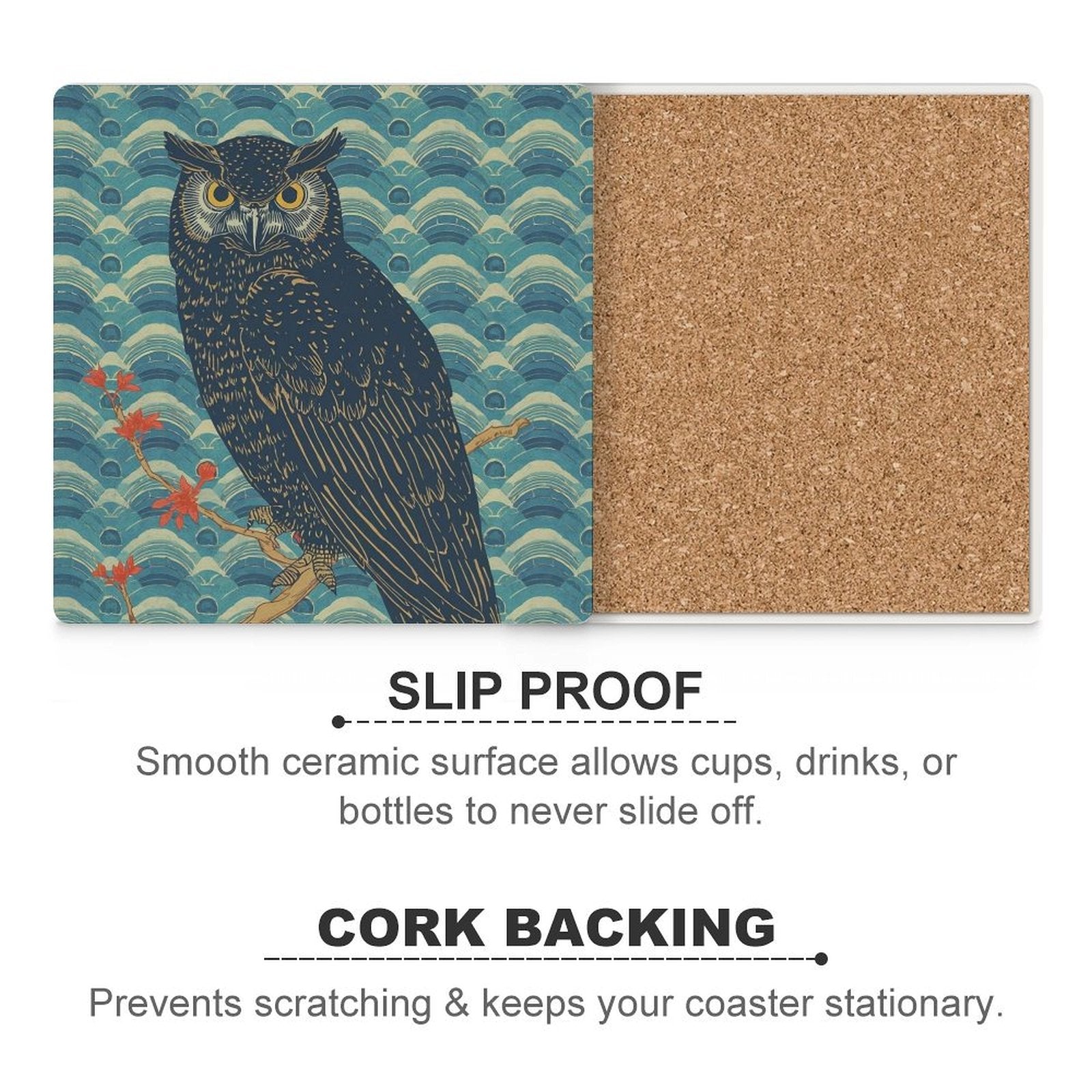 Majestic Owl Japanese Ukiyo-e Inspired Ceramic Coasters (Set of 4 or 6)