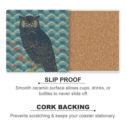 Majestic Owl Japanese Ukiyo-e Inspired Ceramic Coasters (Set of 4 or 6)