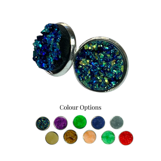 Sparkly Druzy Silver Stud Earrings Lightweight Resin, Multiple Colours