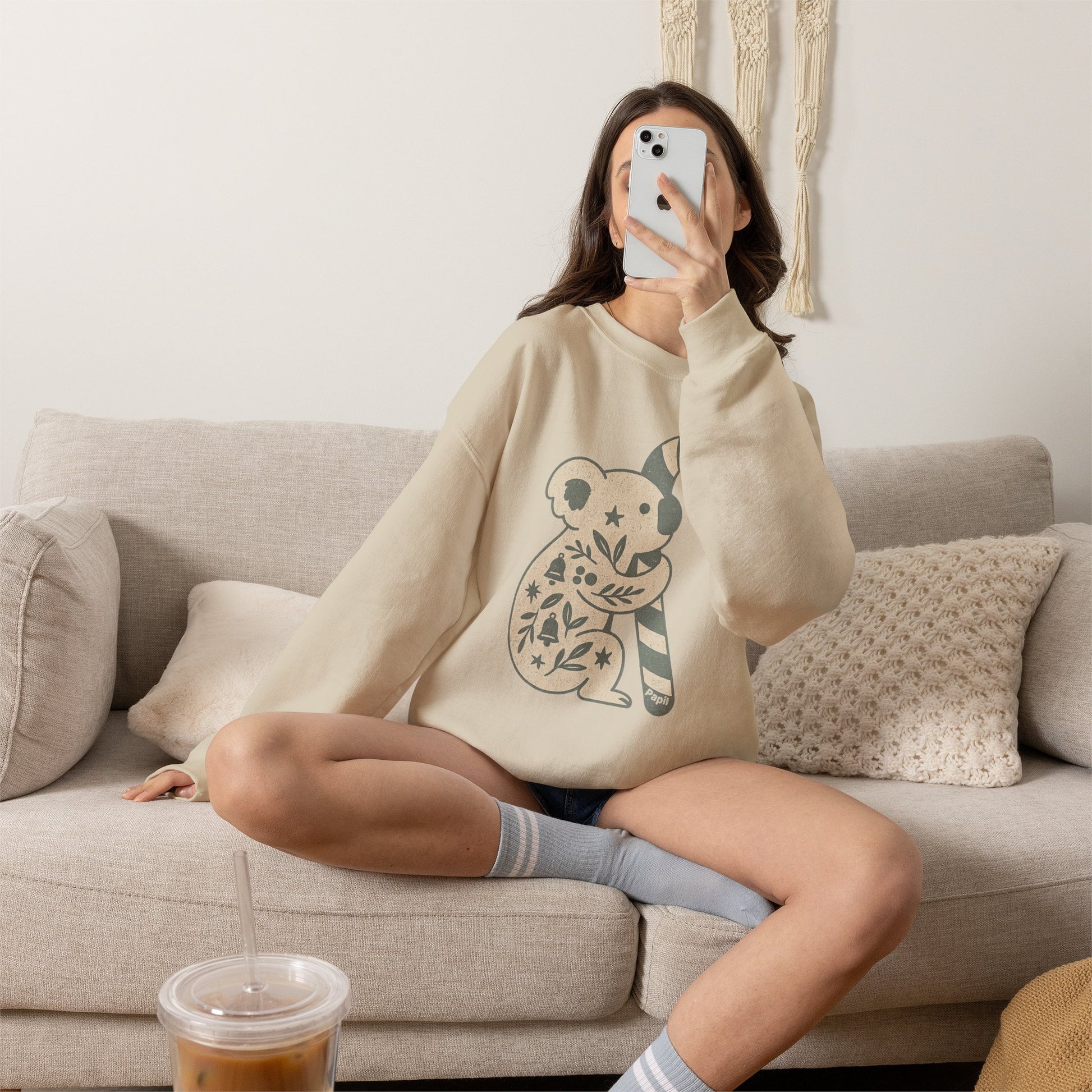 Koala Candy Cane Crewneck Christmas Sweatshirt — Whimsical Floral Australian Koala Holiday Sweatshirt