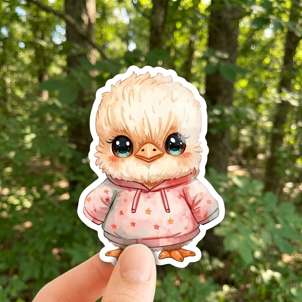 Cassowary Chick Star Hoodie | Kawaii | White Gloss Vinyl | Die-Cut Sticker