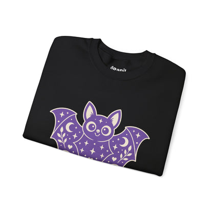 Cute Purple Bat Crewneck Sweatshirt | Kawaii Night Sky Halloween Pullover