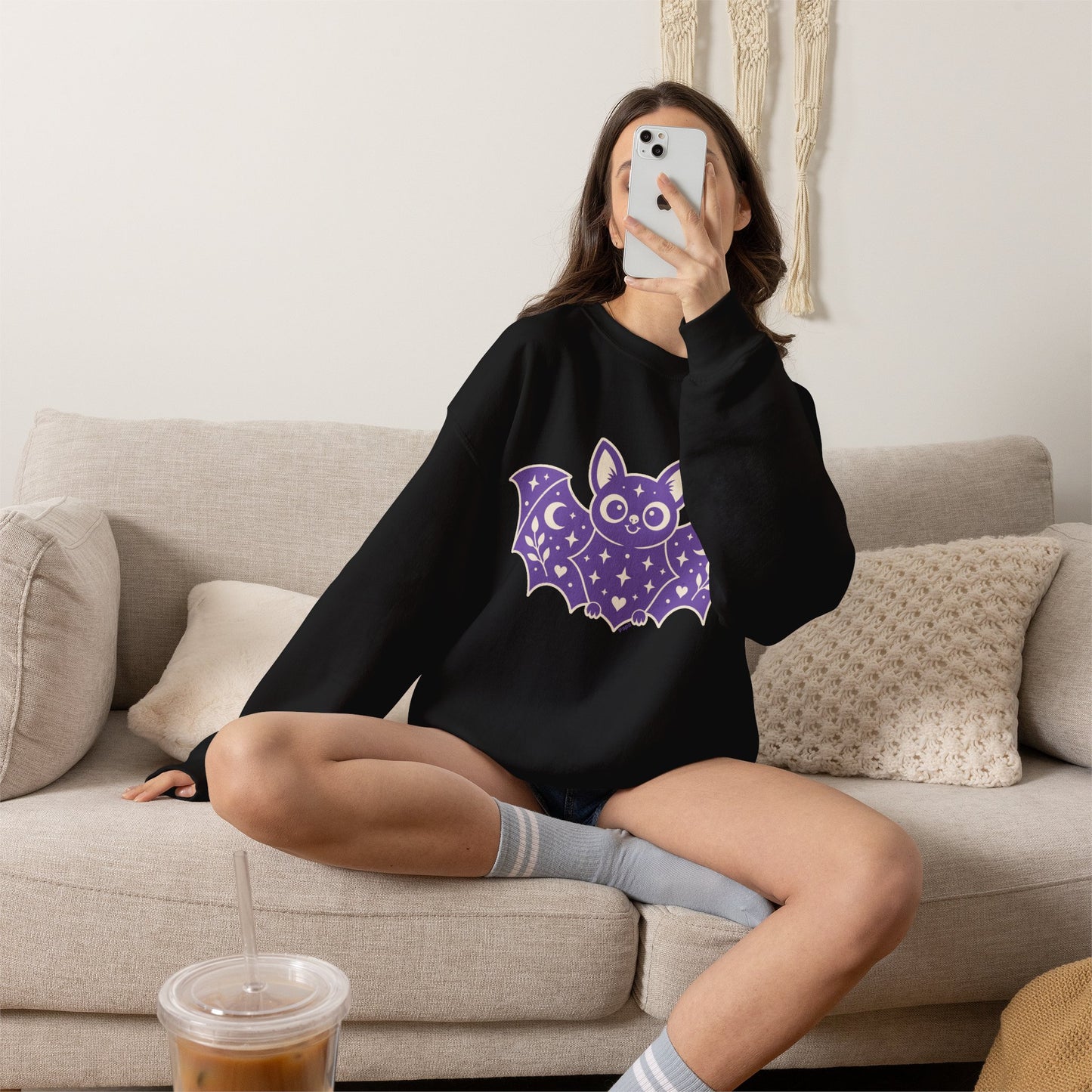 Cute Purple Bat Crewneck Sweatshirt | Kawaii Night Sky Halloween Pullover