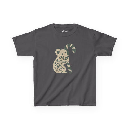 Floral Koala with Candy Cane Christmas Tee | Kids T-Shirt Charcoal