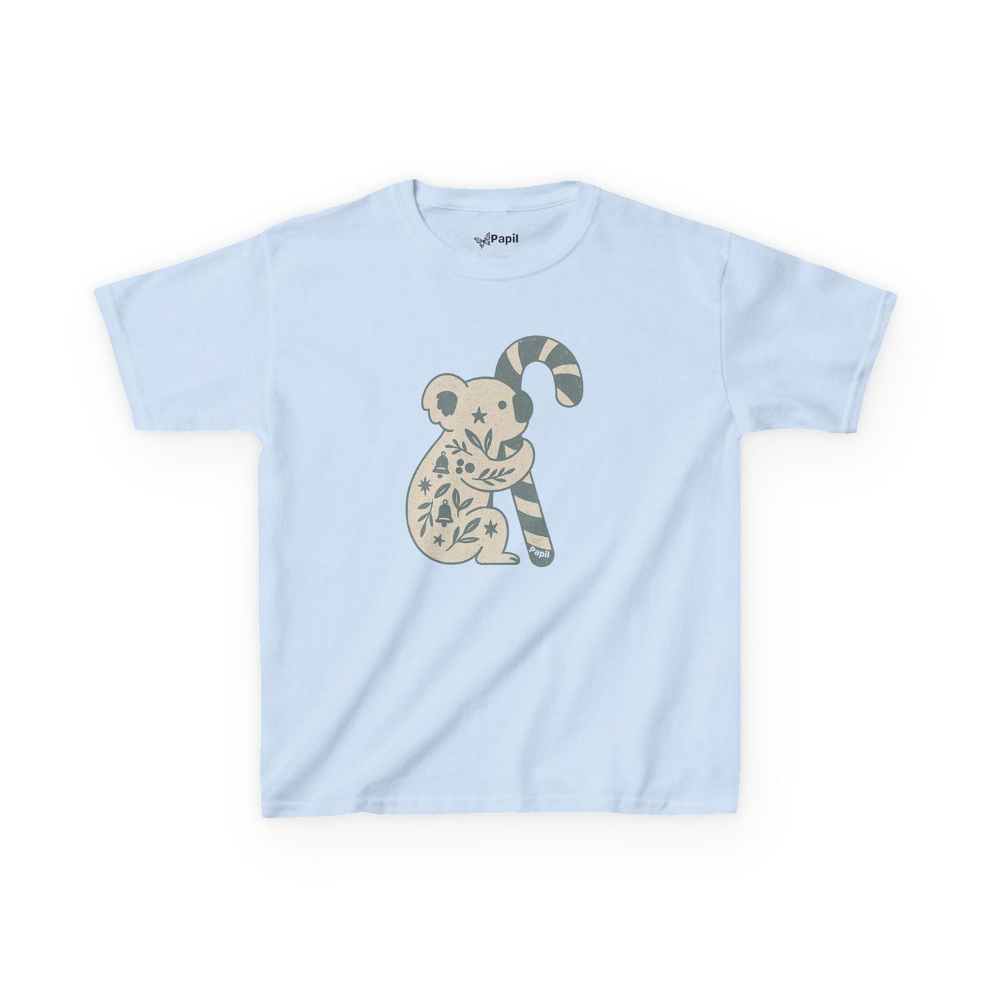 Floral Koala with Candy Cane Christmas Tee | Kids T-Shirt Light Blue