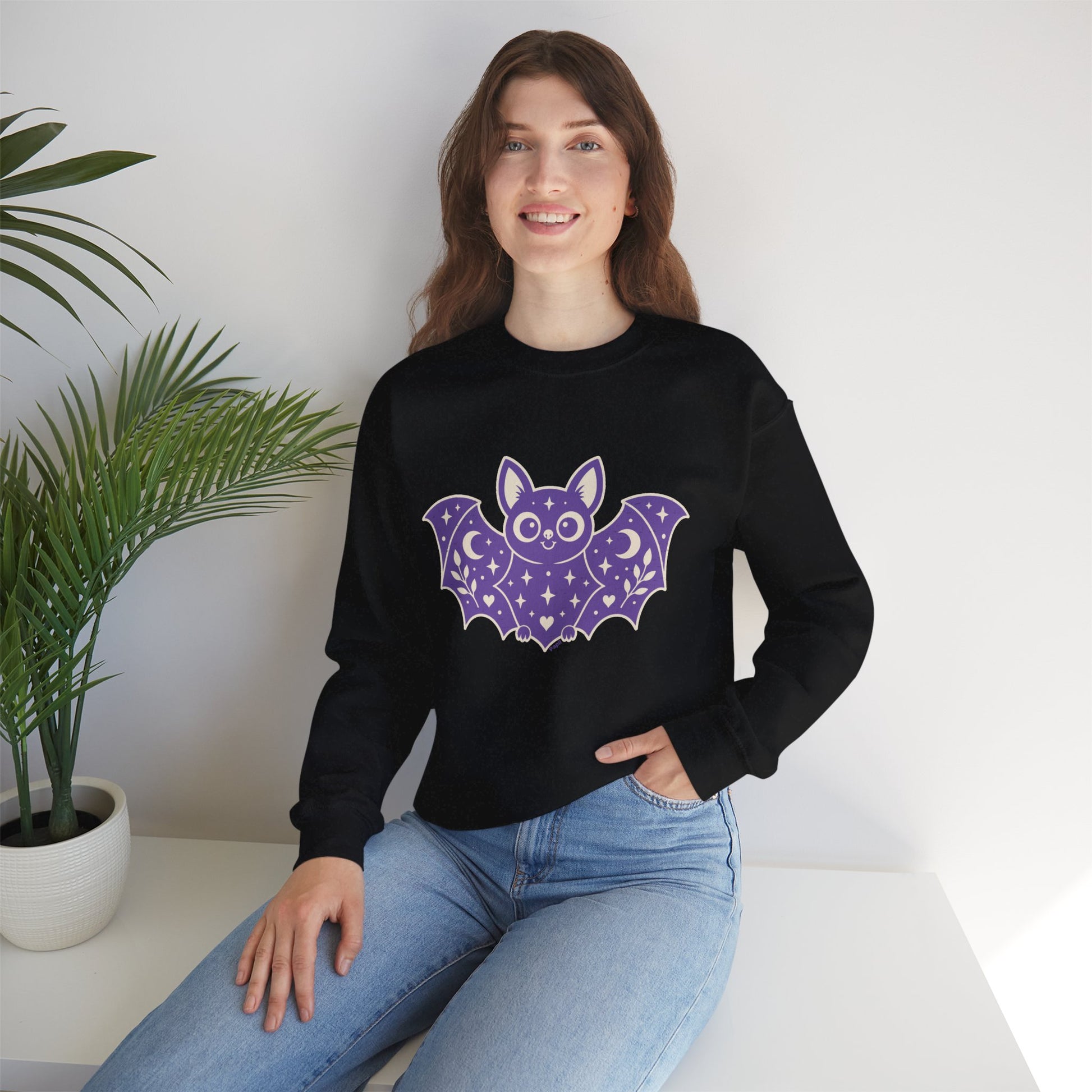 Cute Purple Bat Crewneck Sweatshirt | Kawaii Night Sky Halloween Pullover