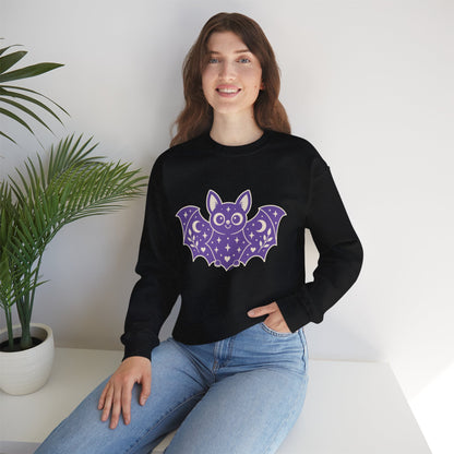 Cute Purple Bat Crewneck Sweatshirt | Kawaii Night Sky Halloween Pullover