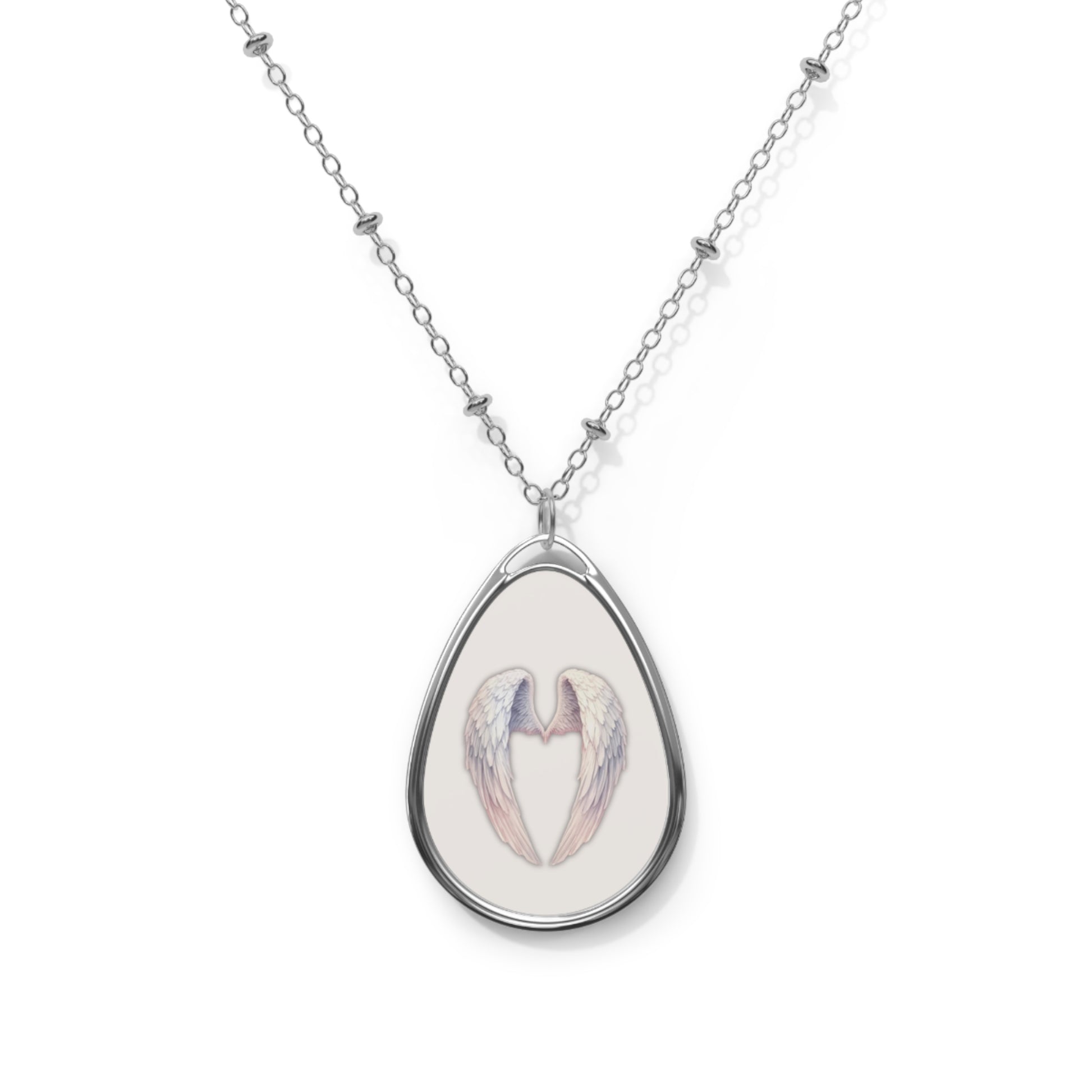 Angel Wings Spiritual Symbol Oval Pendant Necklace – Original Art Jewellery One Size Silver