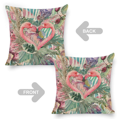 Flamingo Pair Linen Cushion Pillow Cover — Double-Sided Print, 45×45cm