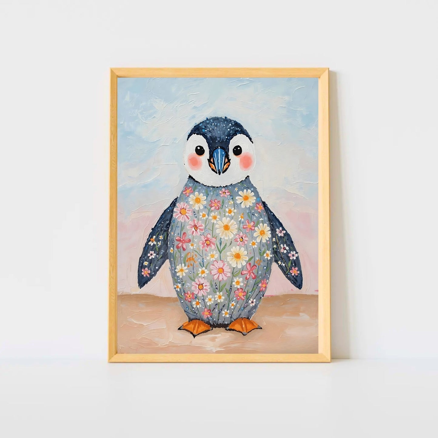 Charming Floral Penguin Fine Art Poster – Whimsical & Vivid Wall Decor