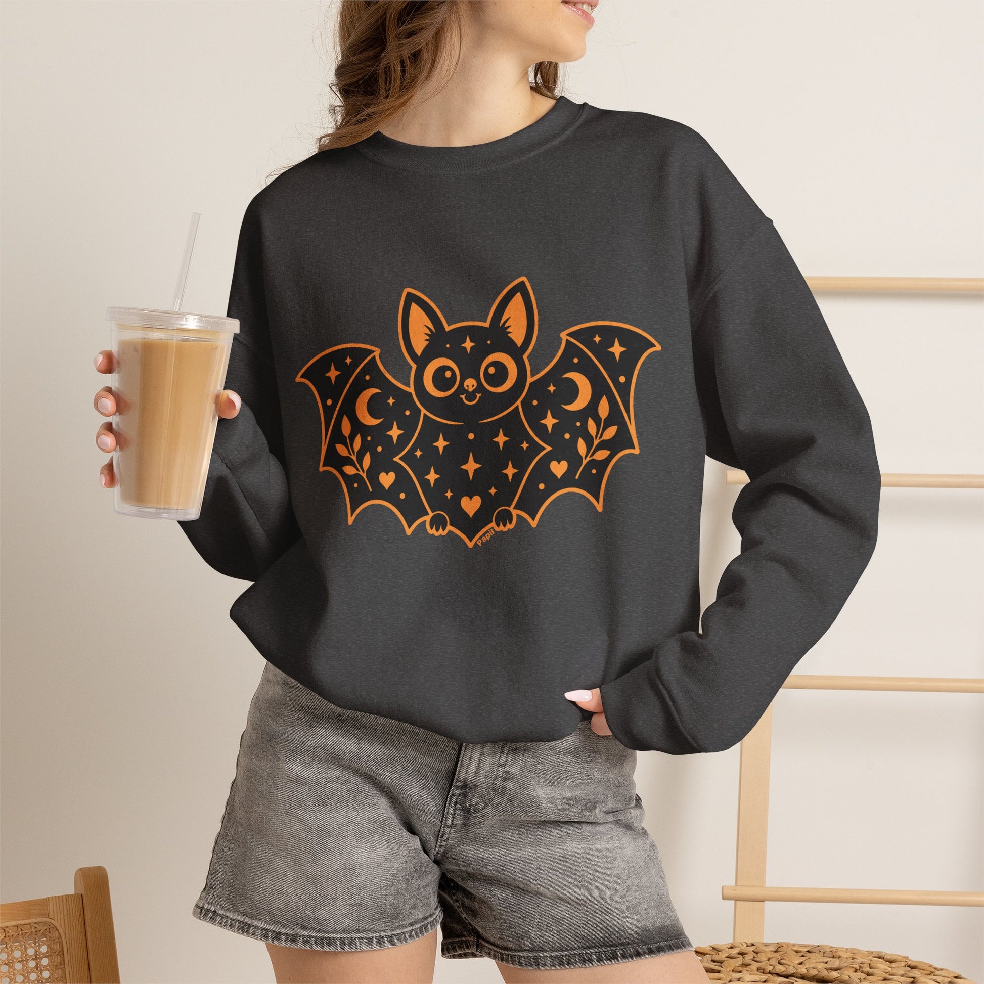 Cute Purple Bat Crewneck Sweatshirt | Kawaii Night Sky Halloween Pullover