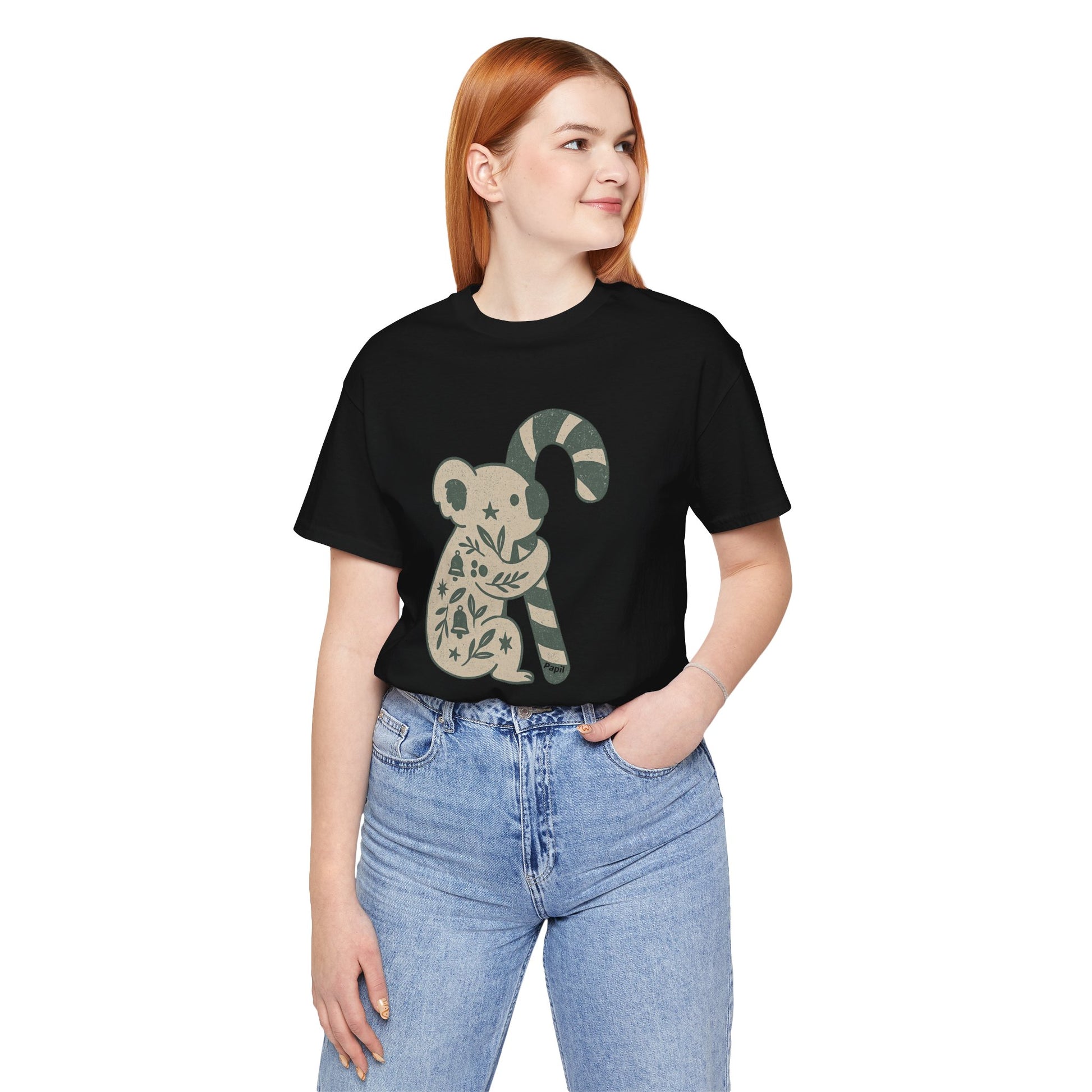 Floral Koala with Candy Cane Christmas Tee | Botanical Animal Woodland T-Shirt