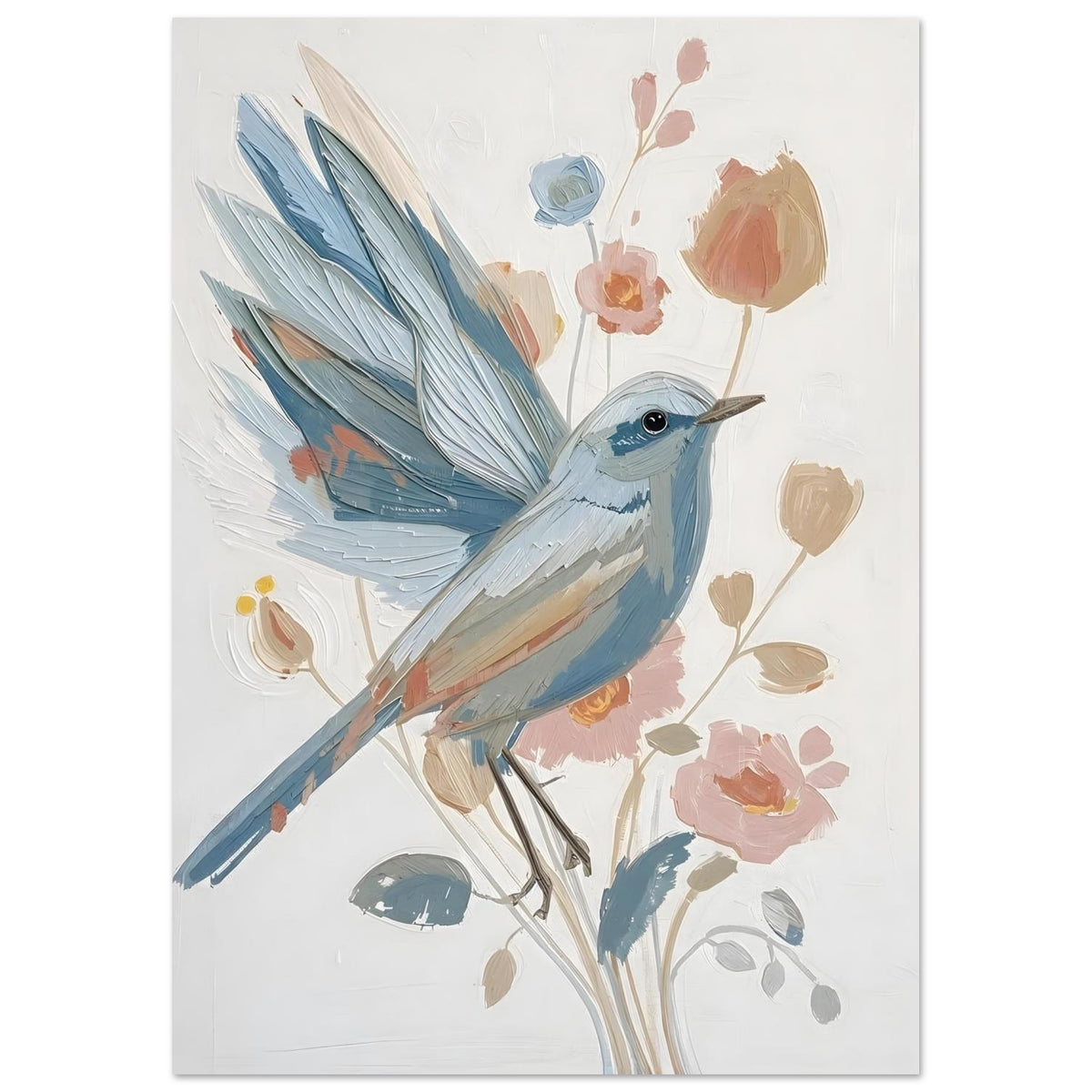 Abstract Impressionist Bird & Blossom Fine Art Poster - Soft Blue & Blush Hues 21x29.7 cm 8x12"