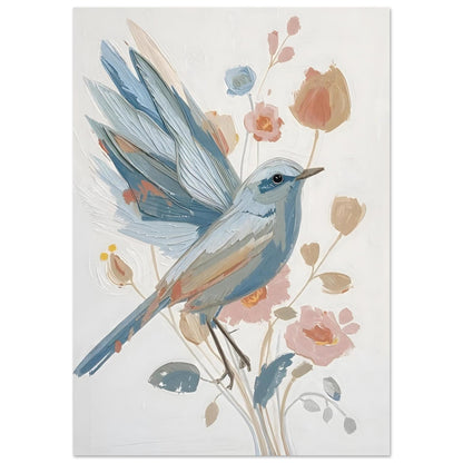 Abstract Impressionist Bird & Blossom Fine Art Poster - Soft Blue & Blush Hues 21x29.7 cm 8x12"