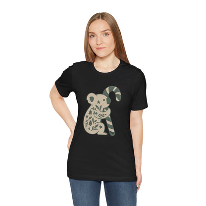 Floral Koala with Candy Cane Christmas Tee | Botanical Animal Woodland T-Shirt