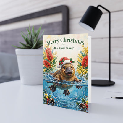 Personalised Christmas Cards Pack of 10 with Envelopes, Custom Family Name Platypus Christmas Card, Australian Animals Xmas Card Set