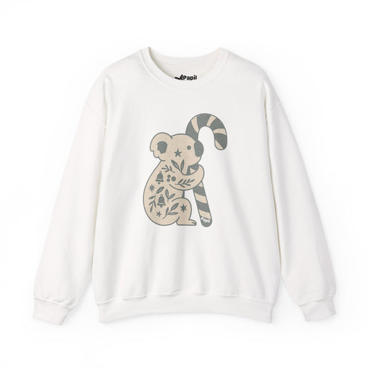 Floral Koala with Candy Cane Christmas Sweater | Botanical Animal Woodland Sweatshirt White