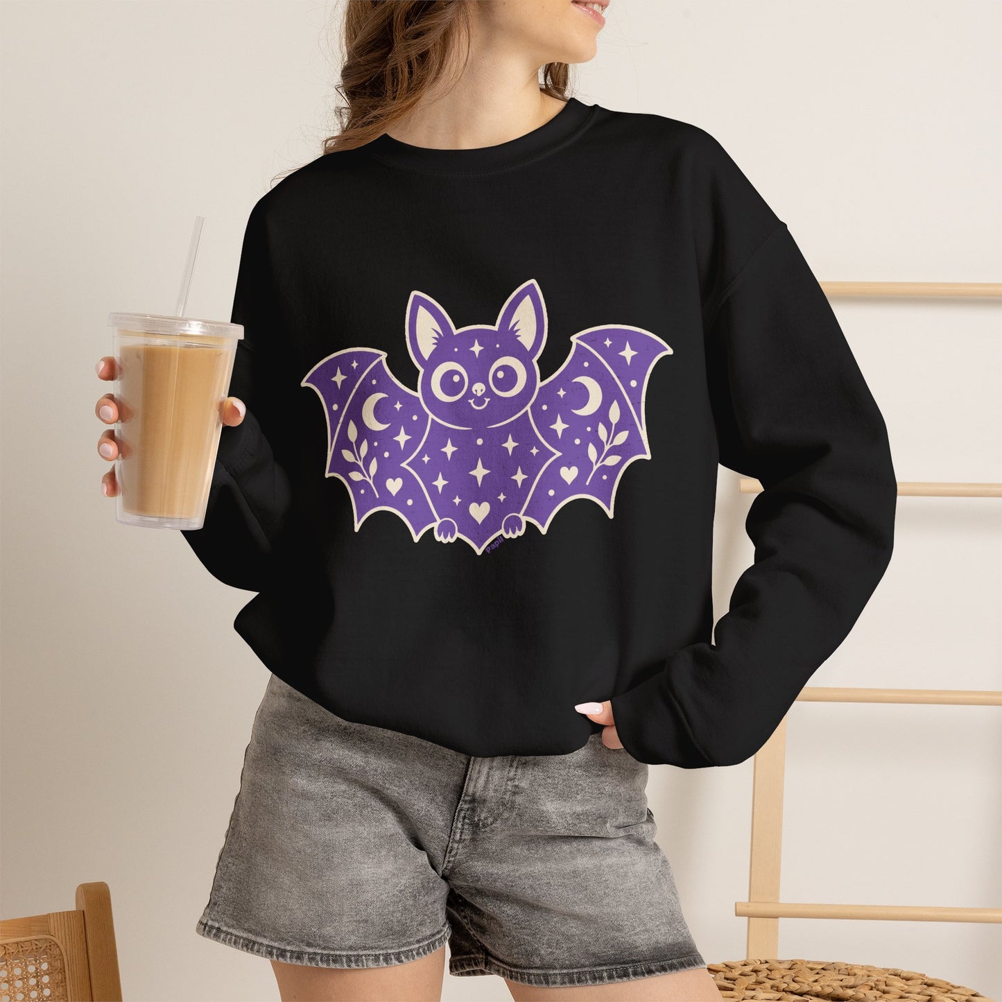 Cute Purple Bat Crewneck Sweatshirt | Kawaii Night Sky Halloween Pullover