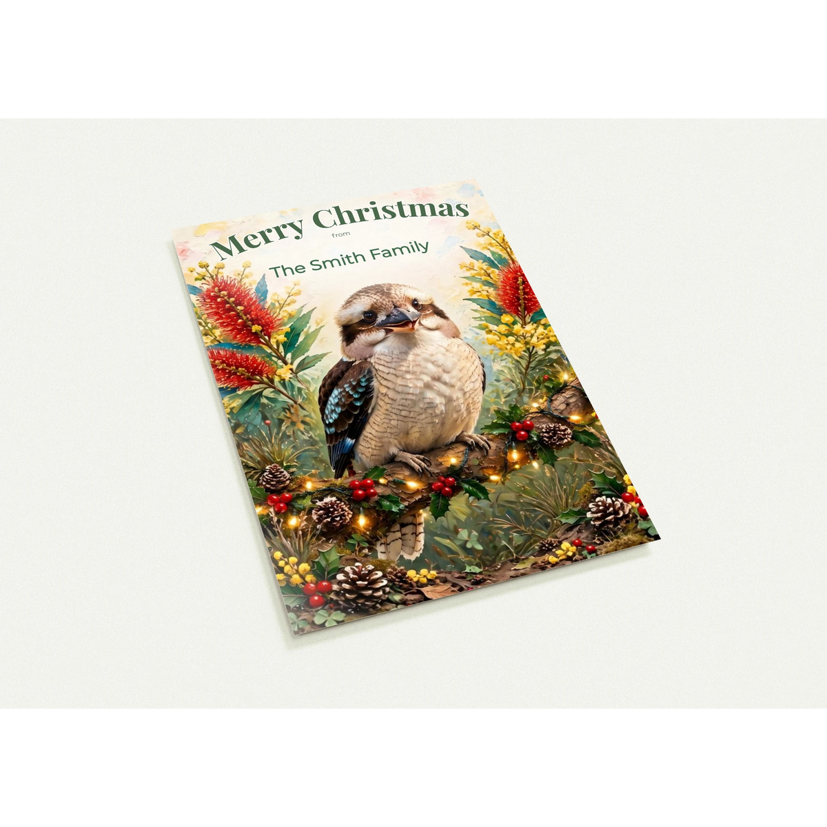 Personalised Christmas Postcards Pack of 10 with Envelopes, Custom Name Kookaburra Christmas Postcard, Australian Animals Xmas