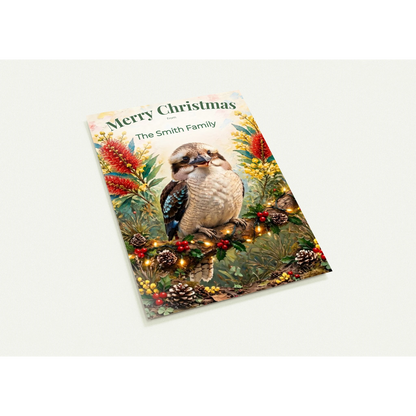 Personalised Christmas Postcards Pack of 10 with Envelopes, Custom Name Kookaburra Christmas Postcard, Australian Animals Xmas