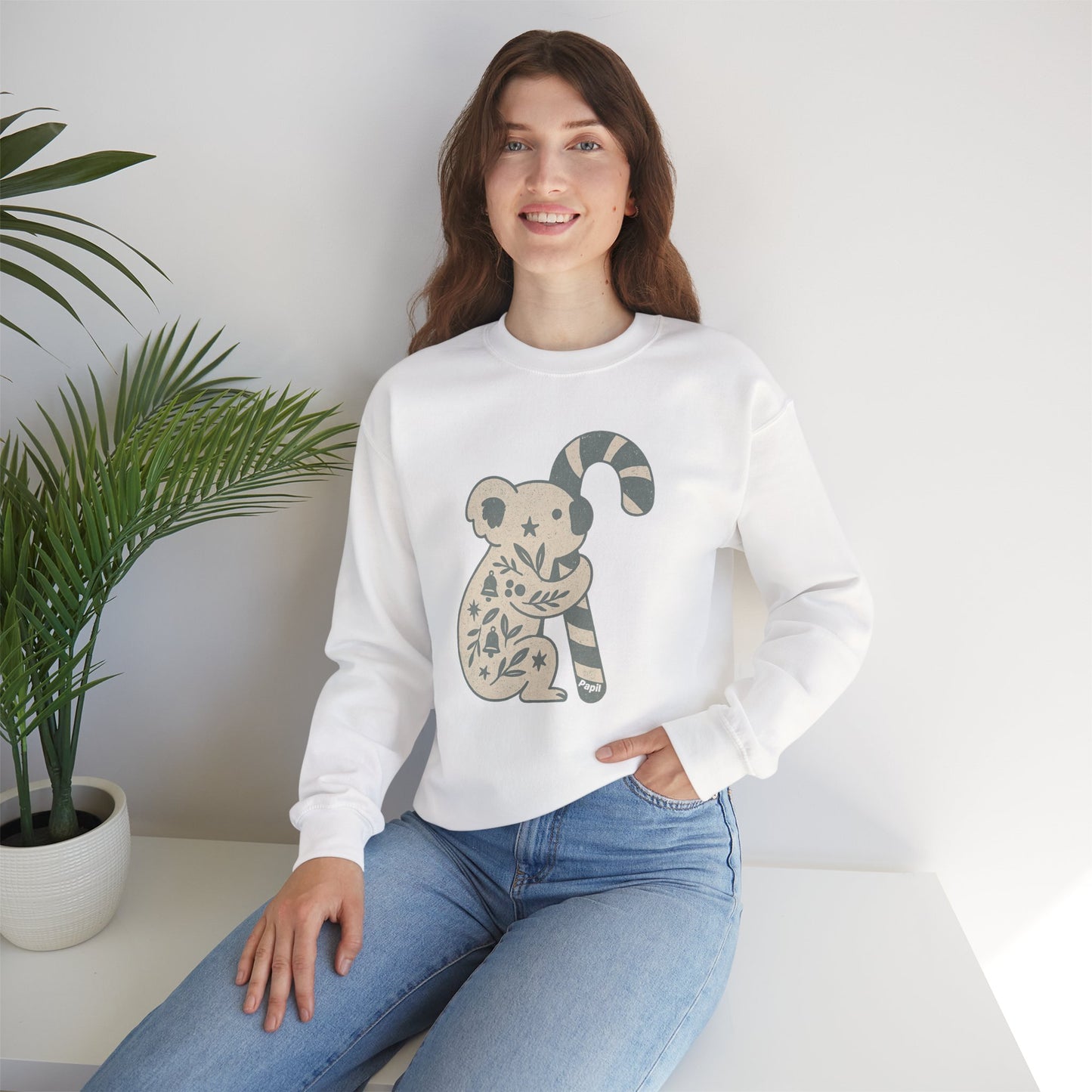 Floral Koala with Candy Cane Christmas Sweater | Botanical Animal Woodland Sweatshirt