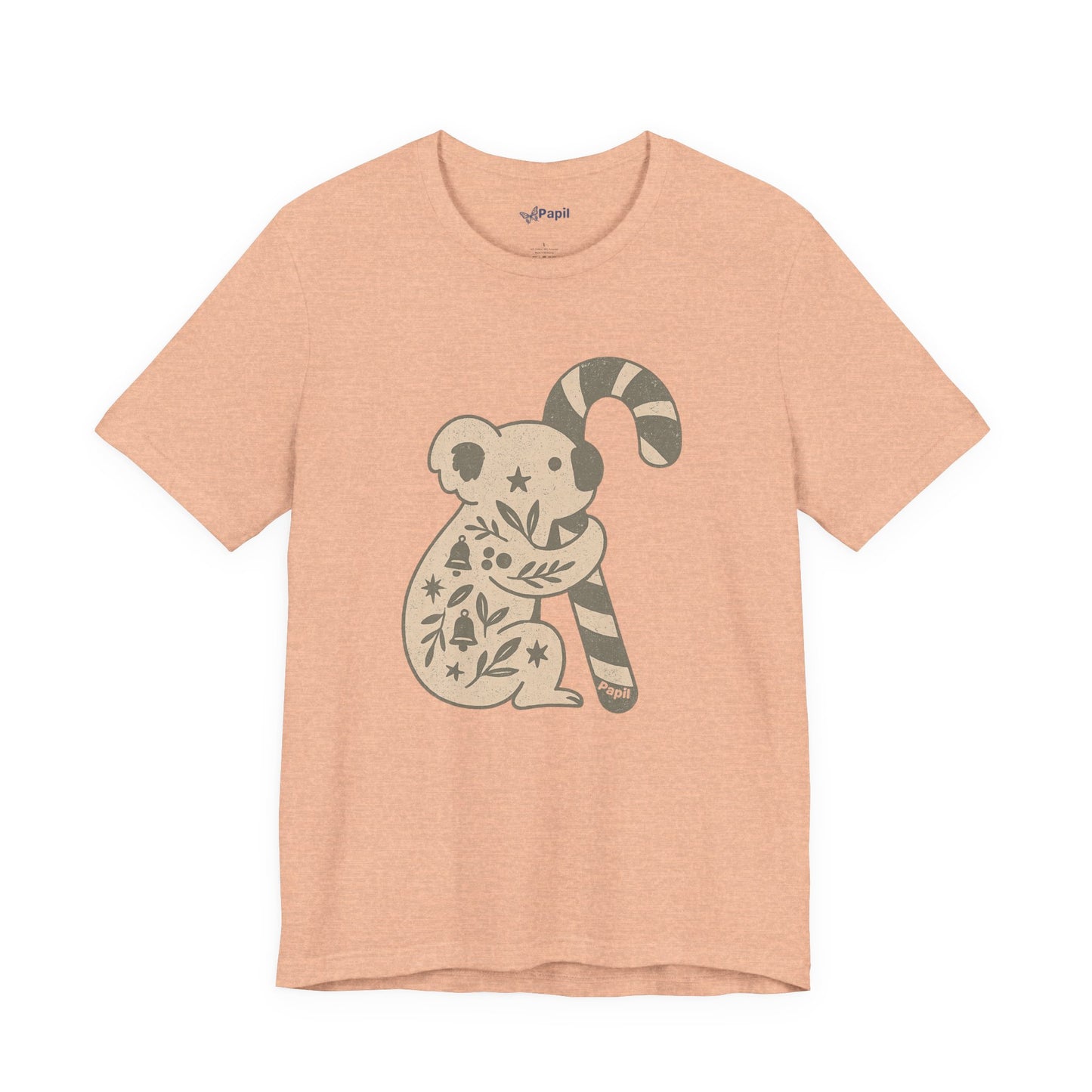Floral Koala with Candy Cane Christmas Tee | Botanical Animal Woodland T-Shirt Heather Peach