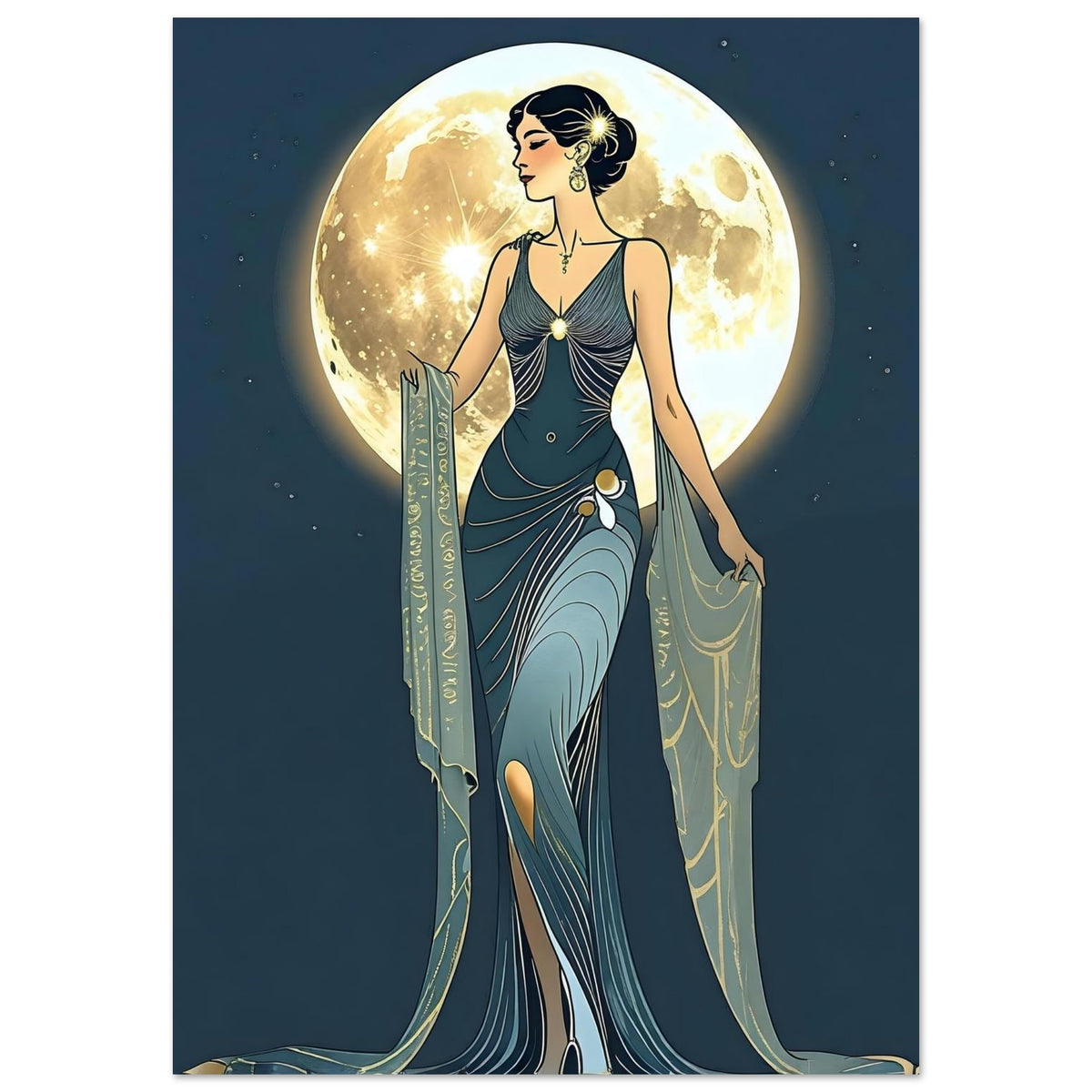 Art Deco Diva Moonlit Fine Art Poster - A Touch of Roaring Twenties Glamour for Your Walls A1 (59.4 x 84.1 cm)