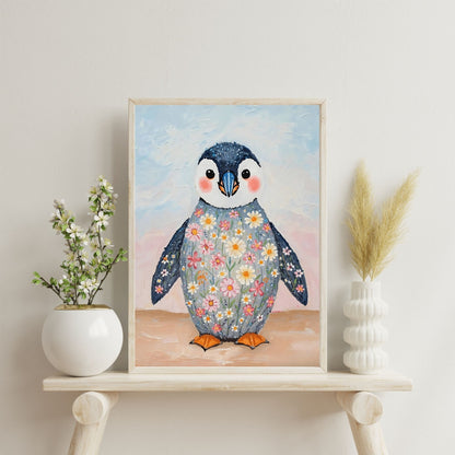 Charming Floral Penguin Fine Art Poster – Whimsical & Vivid Wall Decor