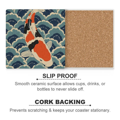 Koi Harmony Japanese Ukiyo-e Inspired Ceramic Coasters (Set of 4 or 6)