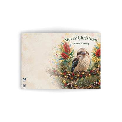 Personalised Christmas Cards Pack of 10 with Envelopes, Custom Family Name Kookaburra Christmas Card, Australian Animals Xmas Card Set