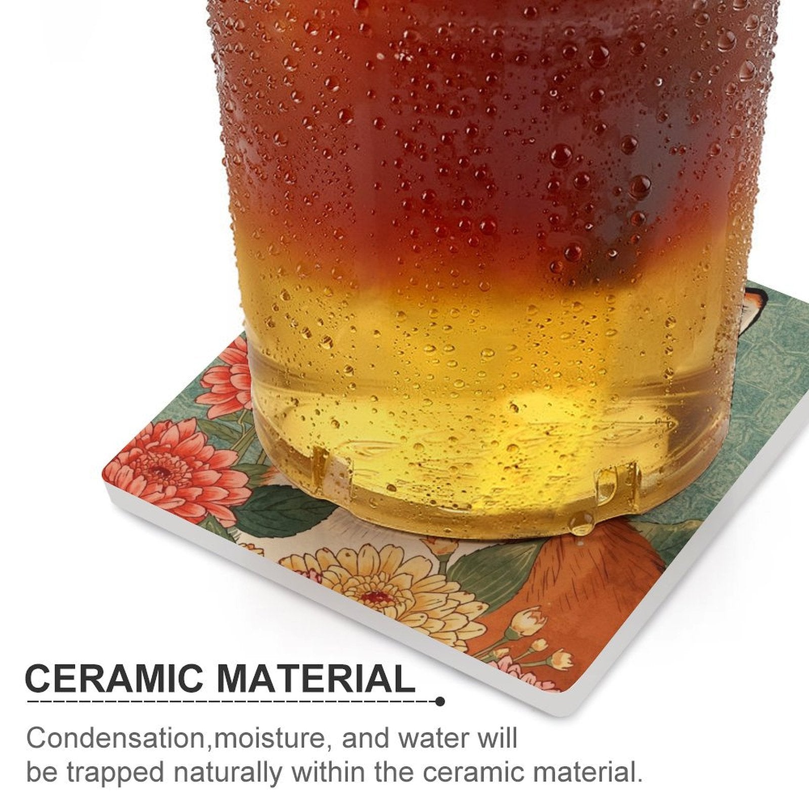 Floral Fox Japanese Ukiyo-e Inspired Ceramic Coasters (Set of 4 or 6)