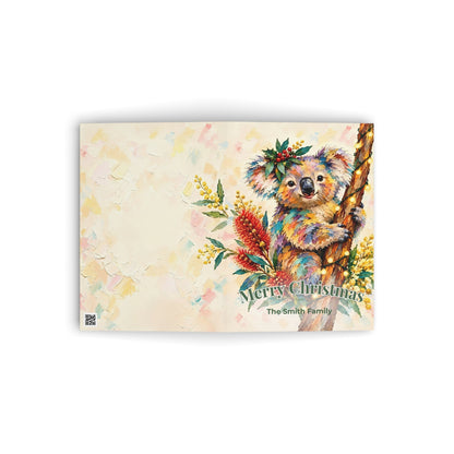 Personalised Christmas Cards Pack of 10 with Envelopes, Custom Family Name Koala Christmas Card, Australian Animals Xmas Card Set