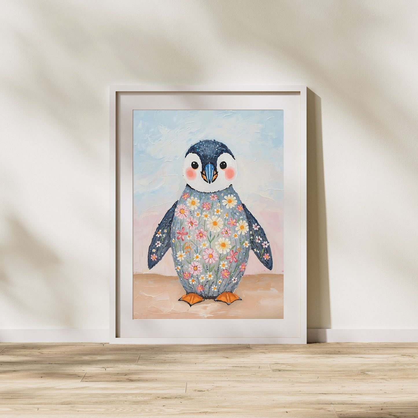 Charming Floral Penguin Fine Art Poster – Whimsical & Vivid Wall Decor