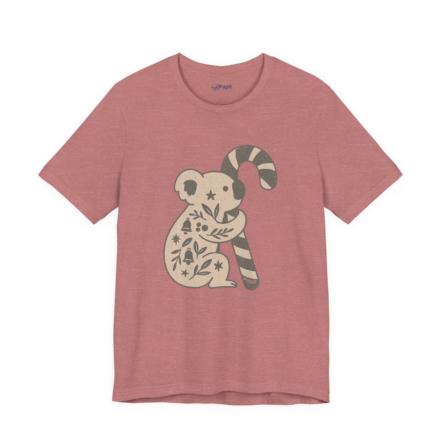 Floral Koala with Candy Cane Christmas Tee | Botanical Animal Woodland T-Shirt Heather Mauve