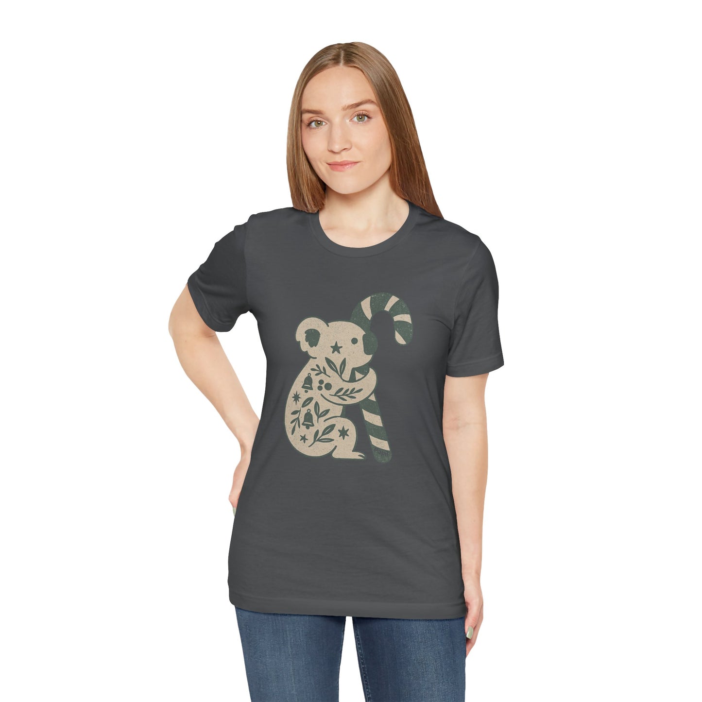 Floral Koala with Candy Cane Christmas Tee | Botanical Animal Woodland T-Shirt