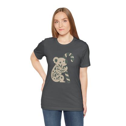 Floral Koala with Candy Cane Christmas Tee | Botanical Animal Woodland T-Shirt