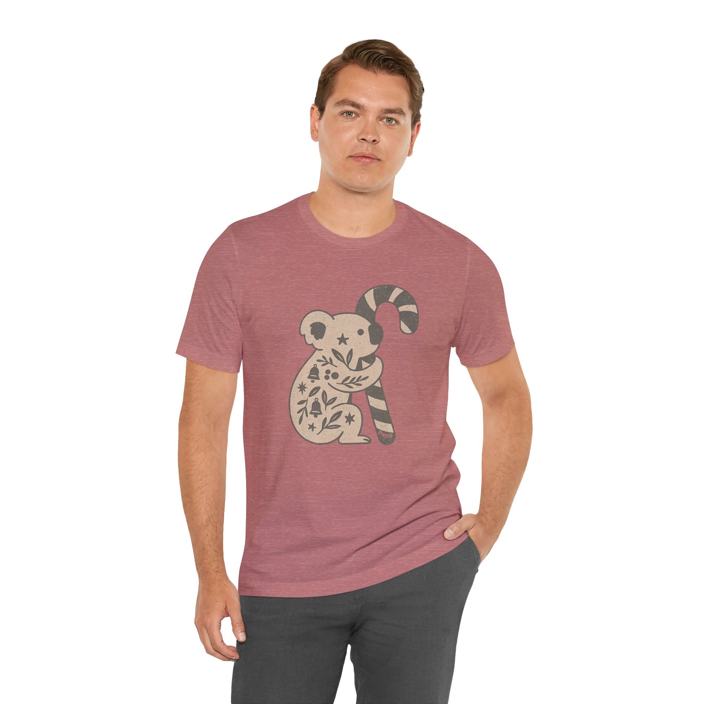 Floral Koala with Candy Cane Christmas Tee | Botanical Animal Woodland T-Shirt