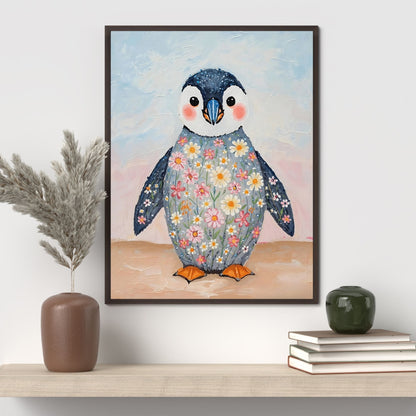 Charming Floral Penguin Fine Art Poster – Whimsical & Vivid Wall Decor